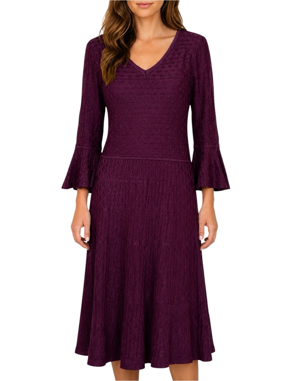 Roz & Ali Maroon Knit Midi Dress V-Neck 3/4 Tulip Sleeves Pullover Size Medium